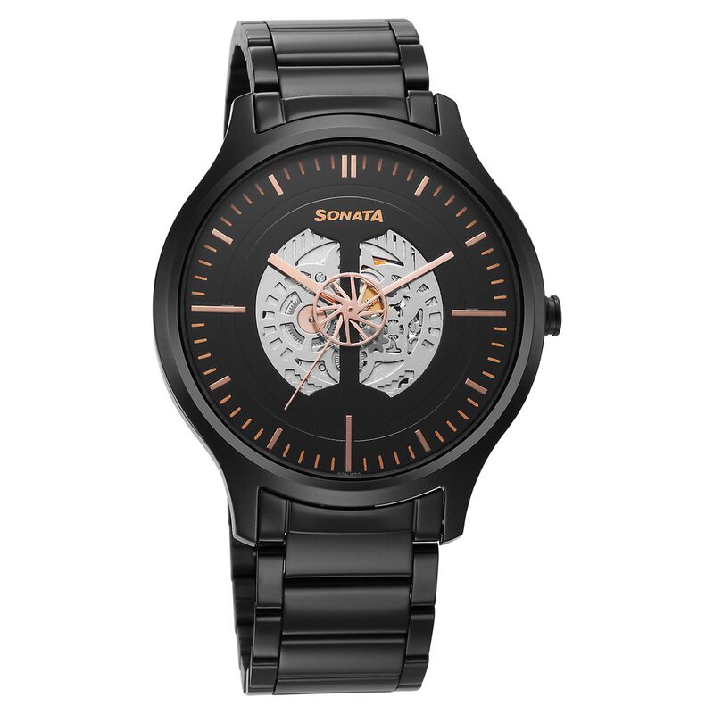 Sonata Unveil Quartz Multifunction Black Dial Stainless Steel Strap Watch for Men 7140NM03