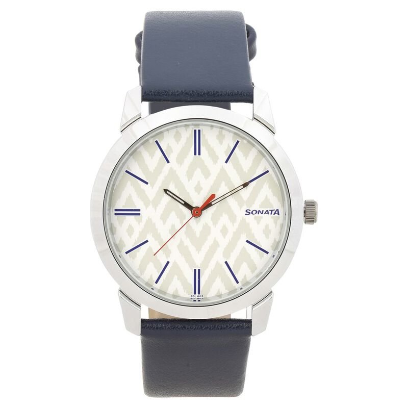 Sonata Knot White Dial Leather Strap Watch for Men NR77107SL02
