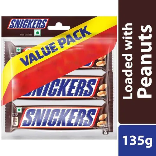 Snickers Peanut Filled Chocolate Bar, 135 g (3 pcs x 45 g each)