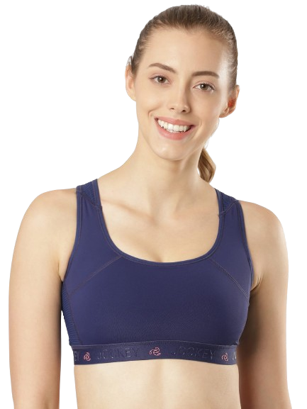 Jockey Women's Wirefree Padded Tactel Nylon Elastane Stretch Full Coverage Racer Back Styling Sports Bra with Stay Dry Treatment - Midnight Sail