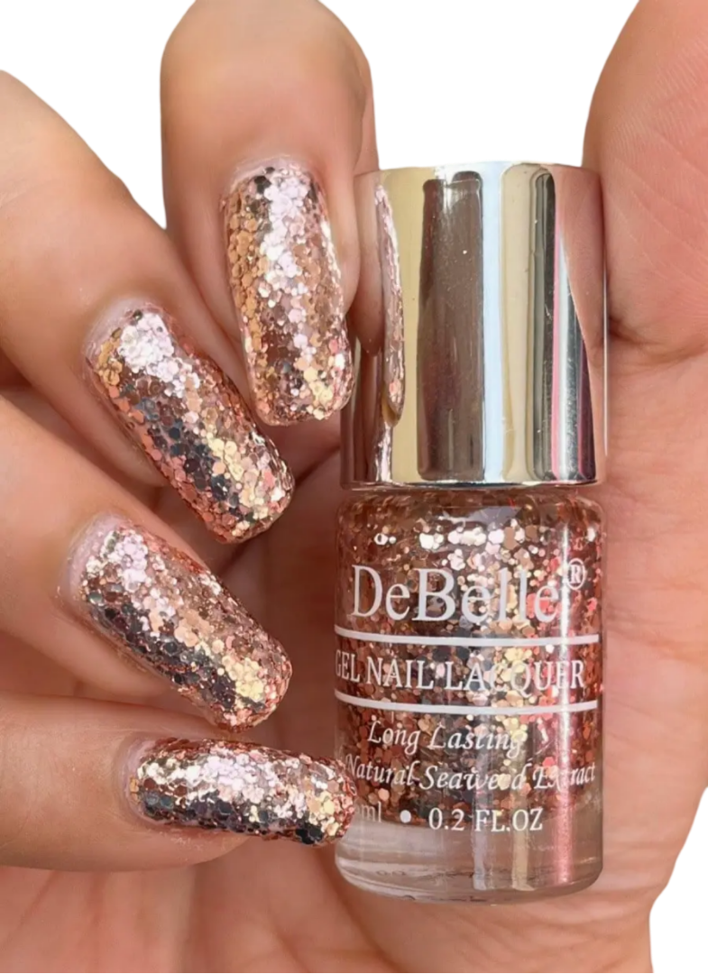 DEBELLE GEL NAIL LACQUER ELITE TIFFANY (ROSE GOLD FLAKY GLITTER TOP COAT), 6 ML