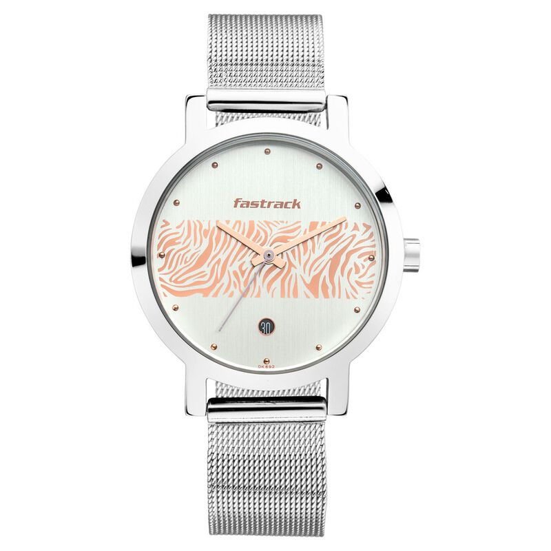 Fastrack Animal Print Quartz Analog with Date Bicolour Dial Stainless Steel Strap Watch for Girls