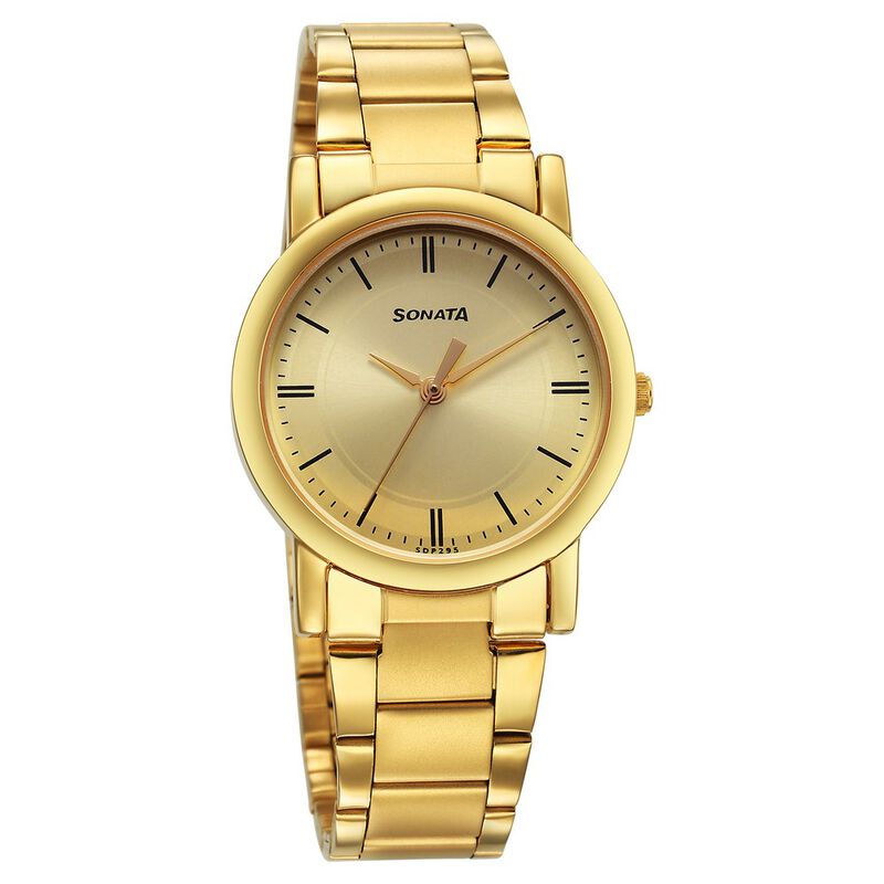 Sonata Classic Quartz Analog Champagne Dial Golden Stainless Steel Strap Watch for Men 7987YM13W