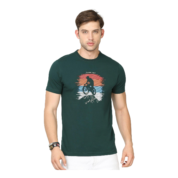 Classic Polo Mens Cotton Half Sleeves Printed Slim Fit Crew Neck Green Color T-Shirt | Baleno - 556 B Sf C