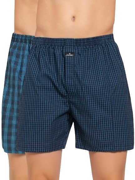 Jockey Men's Super Combed Mercerized Cotton Woven Checkered Boxer Shorts with Back Pocket - Dark Assorted Checks(Pack of 2)