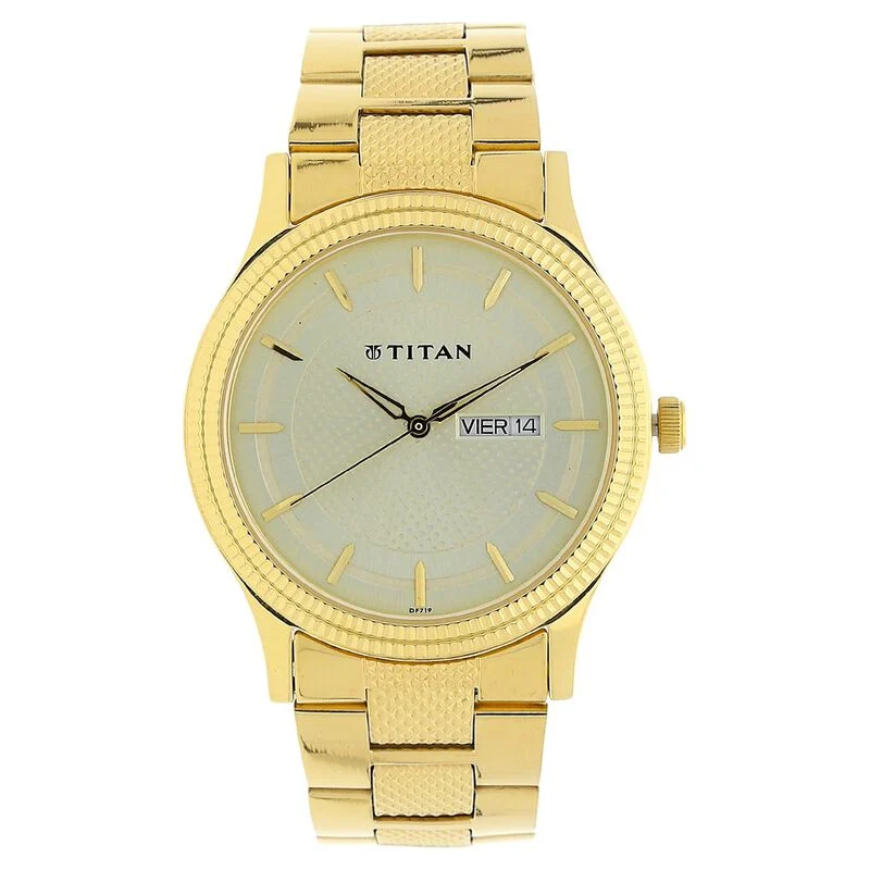 Titan Analog with Day and Date Quartz Champagne Dial Metal Round Stainless Steel Strap watch for Men