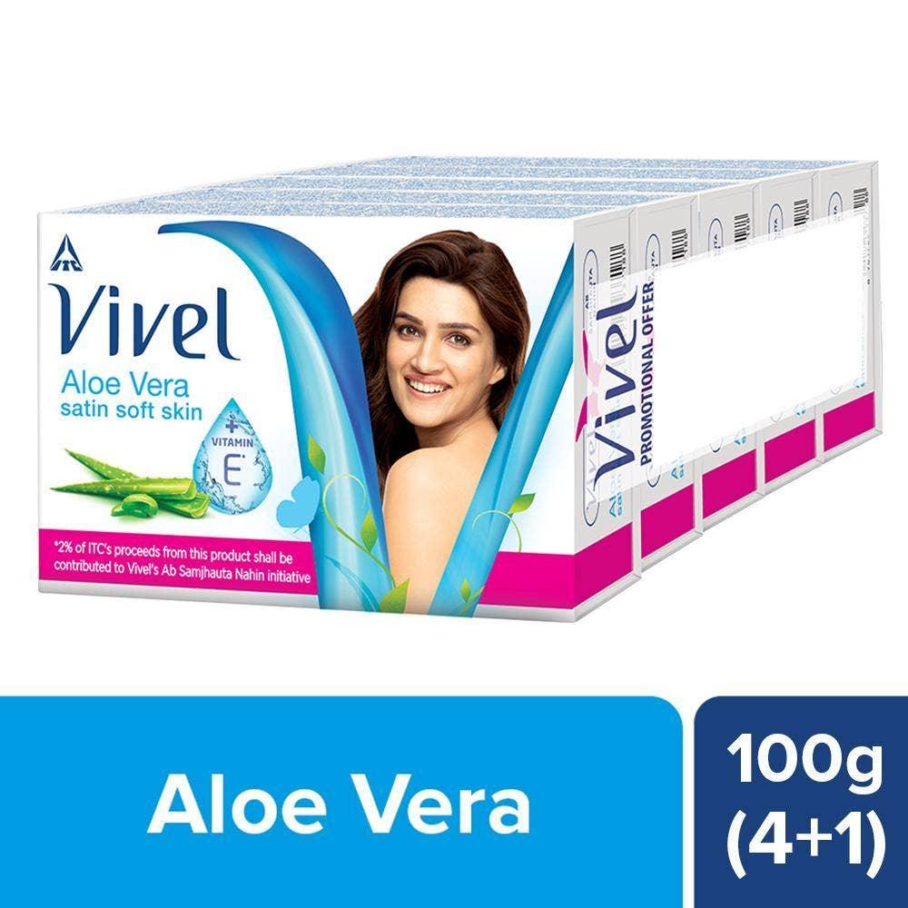 Vivel Aloe Vera Soap,Satin Soft Skin with Vitamin E, 100gx4+1