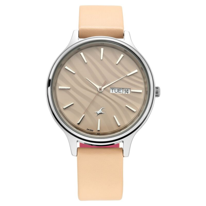 Fastrack Ruffles Quartz Analog with Day and Date Beige Dial Leather Strap Watch for Girls