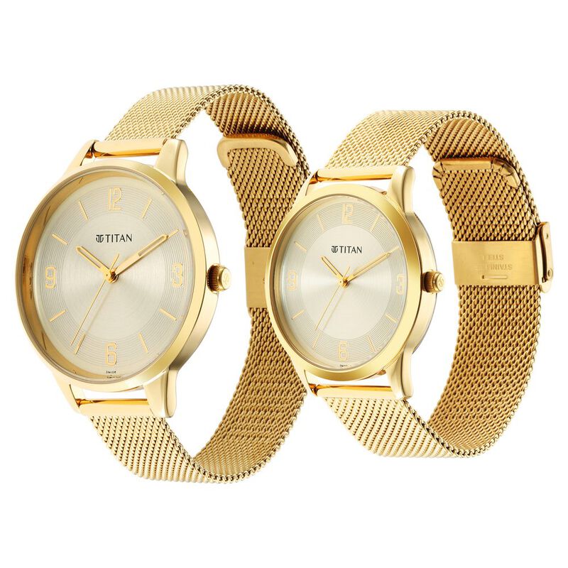 Titan Bandhan Champagne Dial Analog Stainless Steel Strap watch for Couple