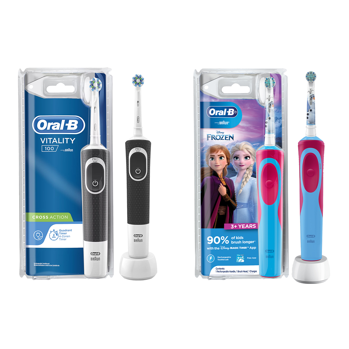 Oral B Vitality 100 Black Criss Cross Electric Rechargeable Toothbrush Powered by Braun and Oral B Kids Electric Rechargeable Toothbrush, Featuring Frozen Characters