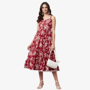 Divena Red Floral Printed Shoulder Strap Long dress