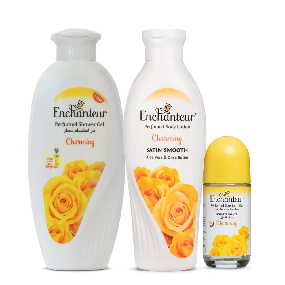 Enchanteur Charming Shower gel 250gms & Charming Hand and Body Lotion 250ml & Charming Roll-On Deodorant 50ml