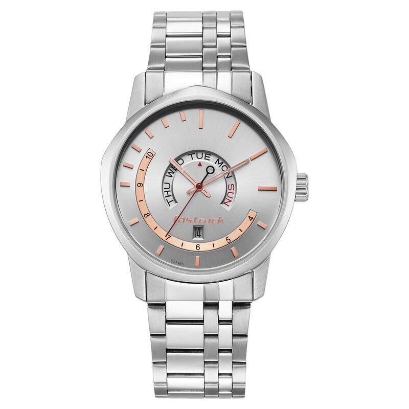 Fastrack Exuberant Quartz Analog with Day and Date Silver Dial Metal Strap Watch for Guys
