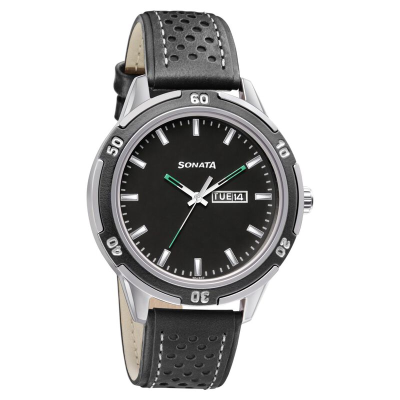 Sonata Quartz Analog with Day and Date Black Dial Leather Strap Watch for Men NP7138KL03