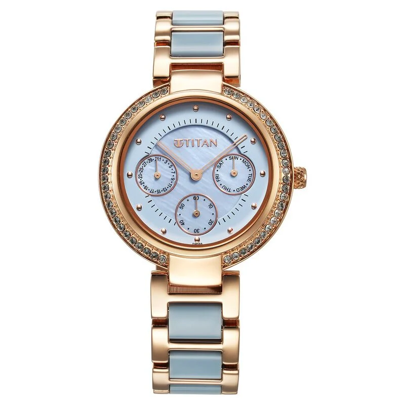 Titan Acetate Quartz Multifunction Mother Of Pearl Dial Two Toned Strap Watch for Women