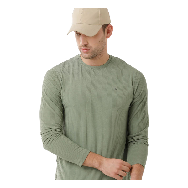 Classic Polo Mens Cotton Full Sleeve Solid Slim Fit Round Neck Olive Green Color T-Shirt | Verno 303 B