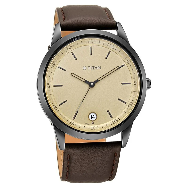 Titan Men's Timeless Style Watch: Refined Gold Dial and Leather Strap