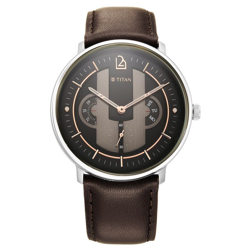 Titan Quartet Black Dial Quartz Multifunction Leather Strap watch for Men