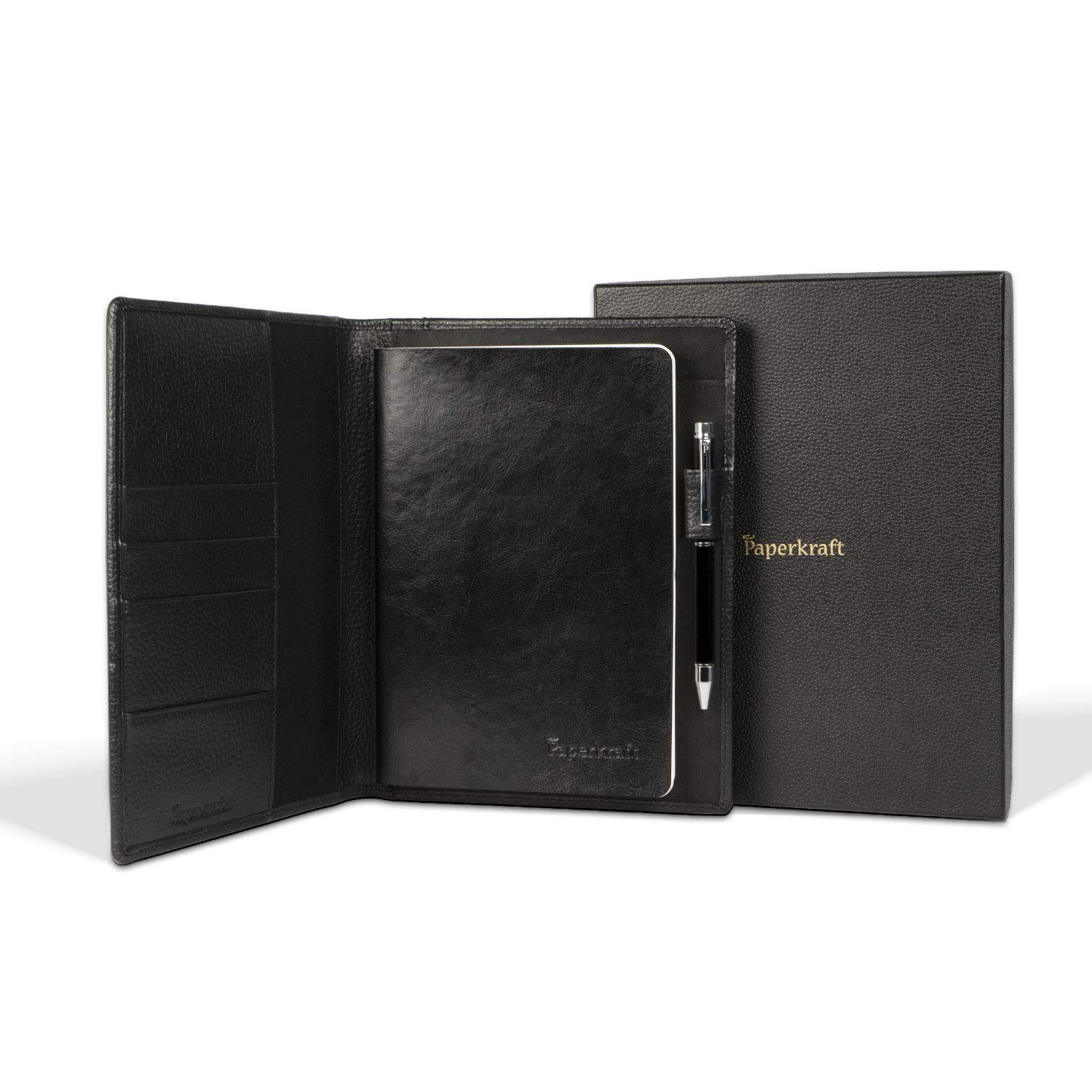 Paperkraft Premium Leather-Sleeved Ruled Notebook Diary (Black) With Pen