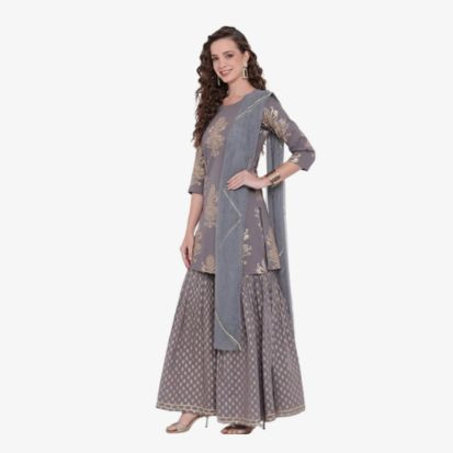 Divena Grey Foil Print Cotton Sharara Set with Net Dupatta Kurta Set