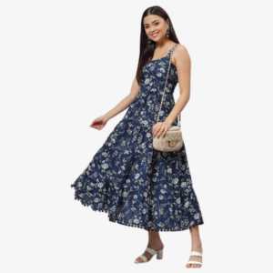 Divena Blue Floral Shoulder Strip Long Dress Plus Size