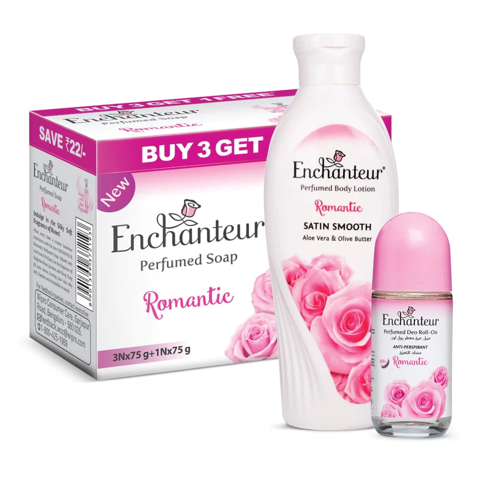 Enchanteur Perfumed Romantic Bathing Bar 75gms Pack of 3+1 & Romantic Hand and Body Lotion 250ml & Romantic Roll-On Deodorant 50ml