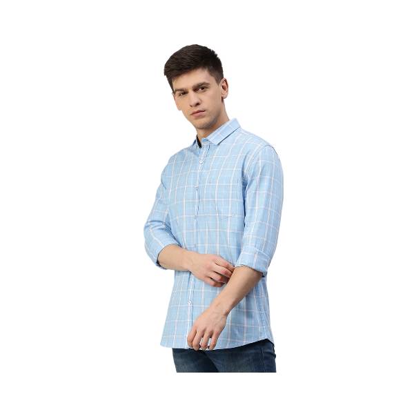 Classic Polo Men's Cotton Full Sleeve Checked Slim Fit Polo Neck Light Blue Color Woven Shirt | So1-95 B