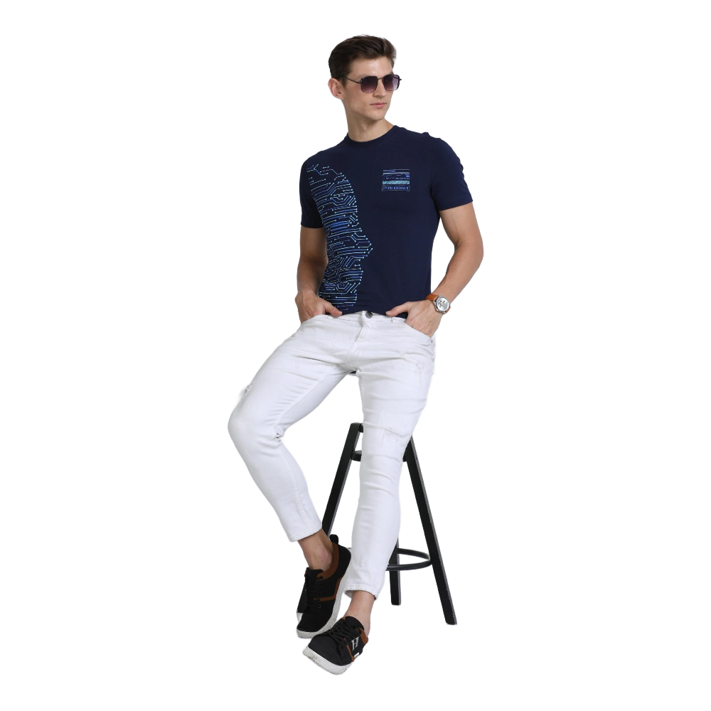 Classic Polo Mens Cotton Half Sleeves Printed Slim Fit Crew Neck Navy Color T-Shirt | Brcn - 551 A Sf C