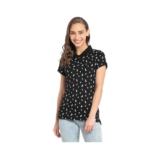 Women's Super Combed Cotton Elastane Stretch Pique Fabric Regular Fit Printed Half Sleeve Polo T-Shirt - Black Assorted Prints