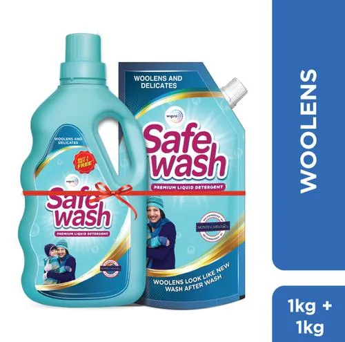Safewash Premium Liquid Detergent - For Woolens & Delicates, 1 kg (Get 1 kg Refill Pack Free)