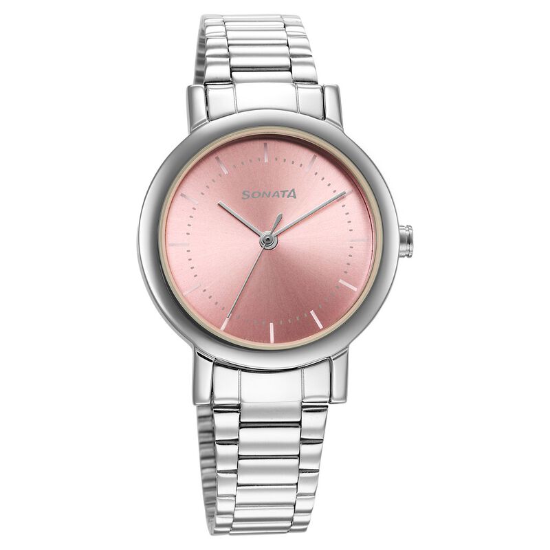 Sonata Ladies Essentials Pink Dial Stainless Steel Strap Watch for Women 8174SM03