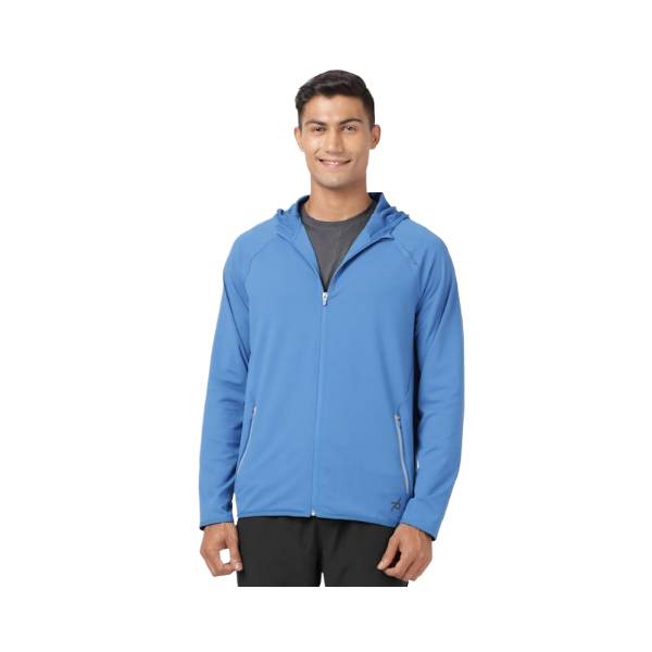 Men's Microfiber Elastane Stretch Solid Performance Hoodie Jacket with Stay Dry Technology - Move Blue