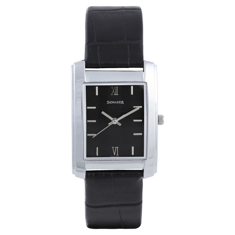 Sonata Quartz Analog Black Dial Leather Strap Watch for Men 7953SL02