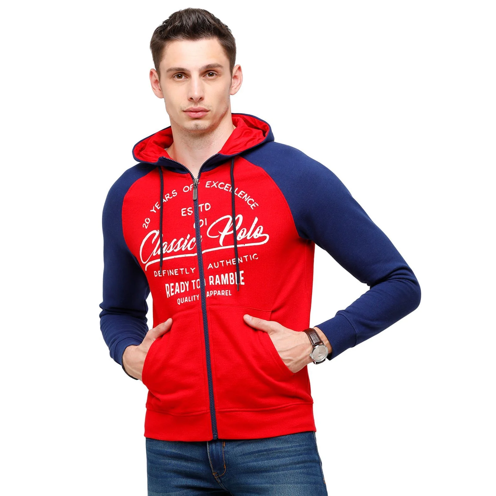 Classic Polo Men's Printed Full Sleeve Red & Blue Hood Sweat Shirt - CPSS-327A
