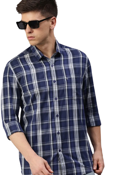 Classic Polo Men's Cotton Full Sleeve Checked Slim Fit Polo Neck Navy Color Woven Shirt | So1-134 A