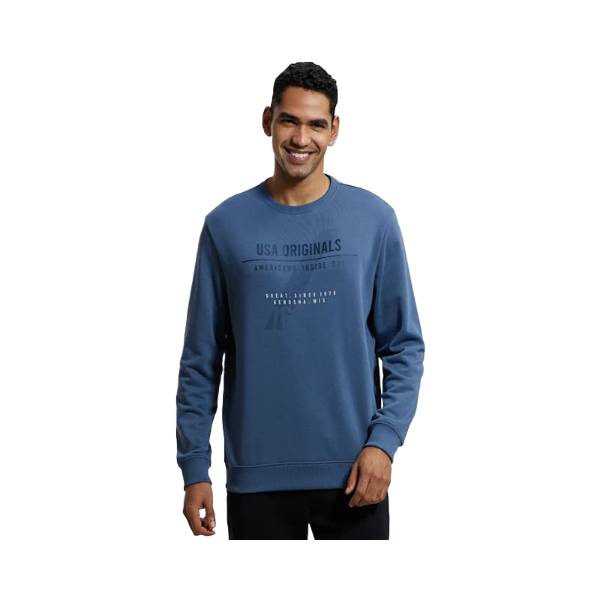 Men's Super Combed Cotton Rich French Terry Printed Sweatshirt with Ribbed Cuffs - Vintage Indigo