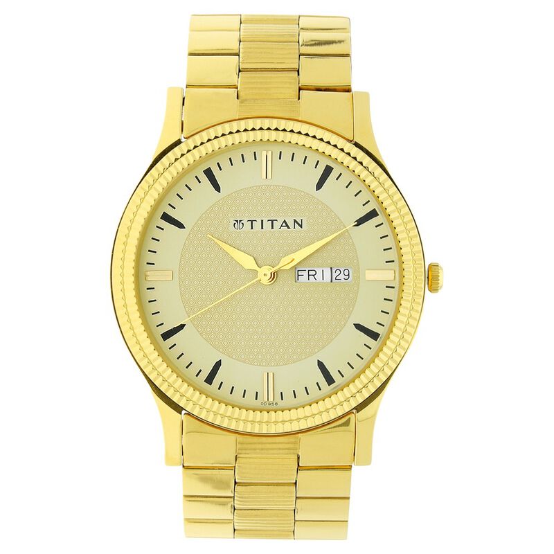 Titan Quartz Analog with Day and Date Golden Dial Stainless Steel Strap Watch for Men