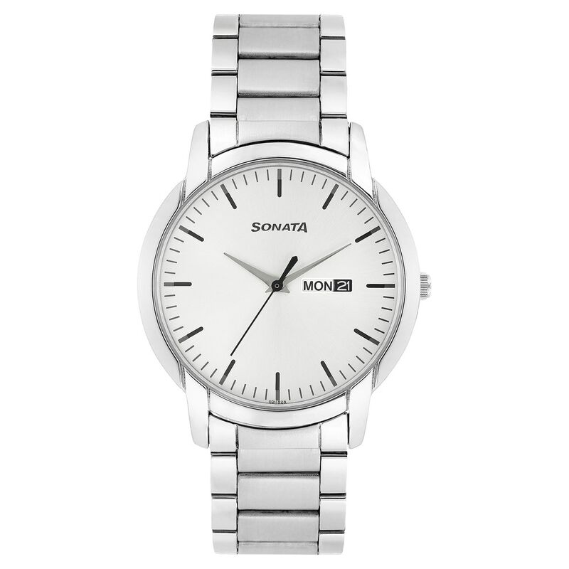 NR77031SM04 Sonata Quartz Analog with Day and Date Silver Dial Stainless Steel Strap Watch for Men
