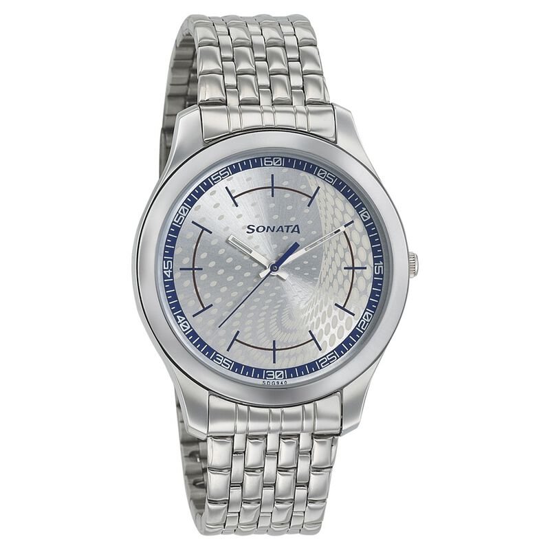 Sonata Nxt Quartz Analog Silver Dial Stainless Steel Strap Watch for Men NP77063SM05W