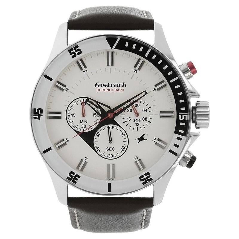 Fastrack Big Time Quartz Chronograph White Dial Leather Strap Watch for Guys