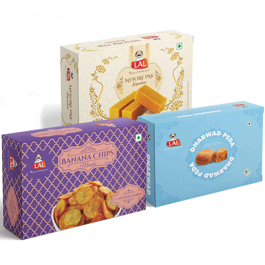 Lal Sweets Mysore pak signature 400g, Dharwad peda 400g, Banana chips masala 250g