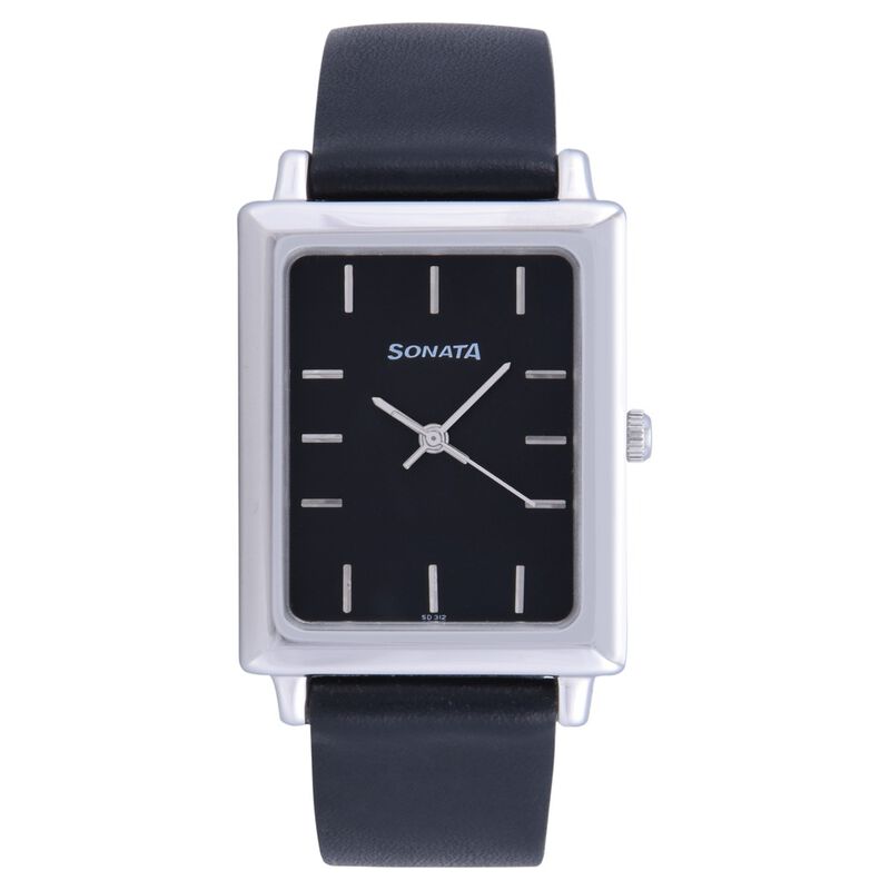 Sonata Quartz Analog Black Dial Leather Strap Watch for Men 7078SL04