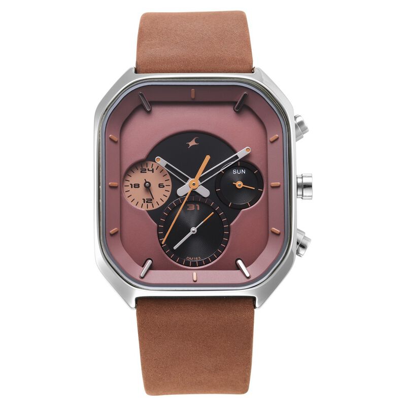 Fastrack After Dark Quartz Analog with Day and Date Brown Dial Leather Strap Watch for Guys