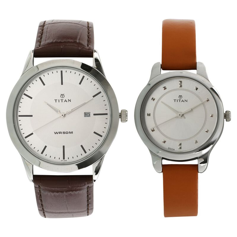 Titan Bandhan White Dial Analog Leather Strap Watch for Couple