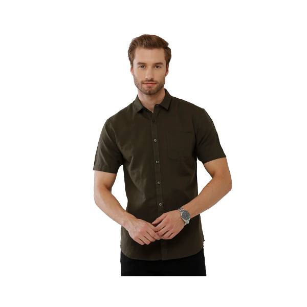 Classic Polo Mens Solid Milano Fit Half Sleeve Olive Green Color Woven Shirt - Mica Olive Hs