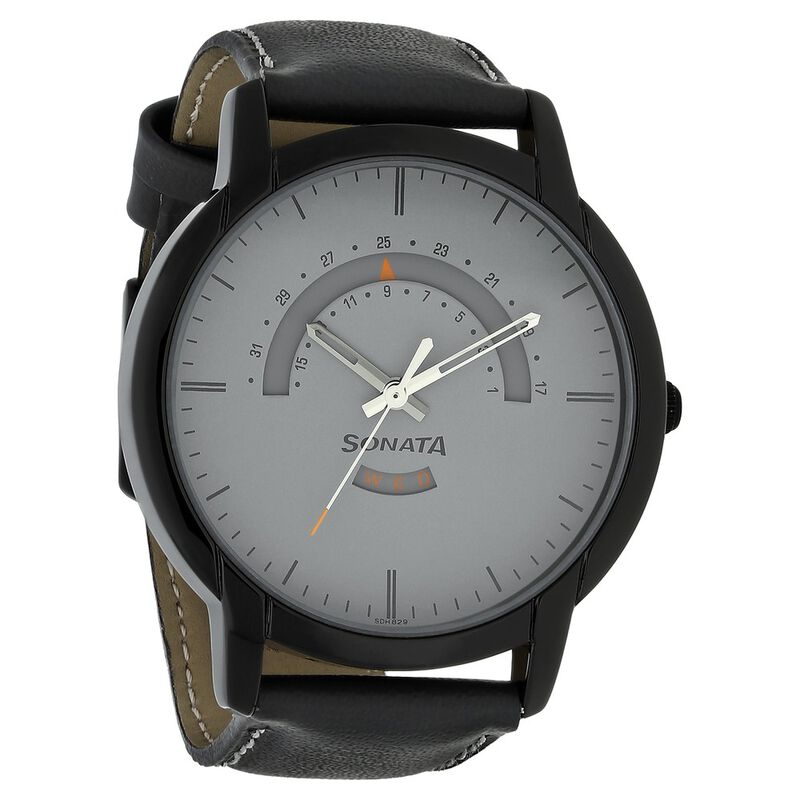 NP77031NL02 Sonata Quartz Analog with Day and Date Grey Dial Leather Strap Watch for Men