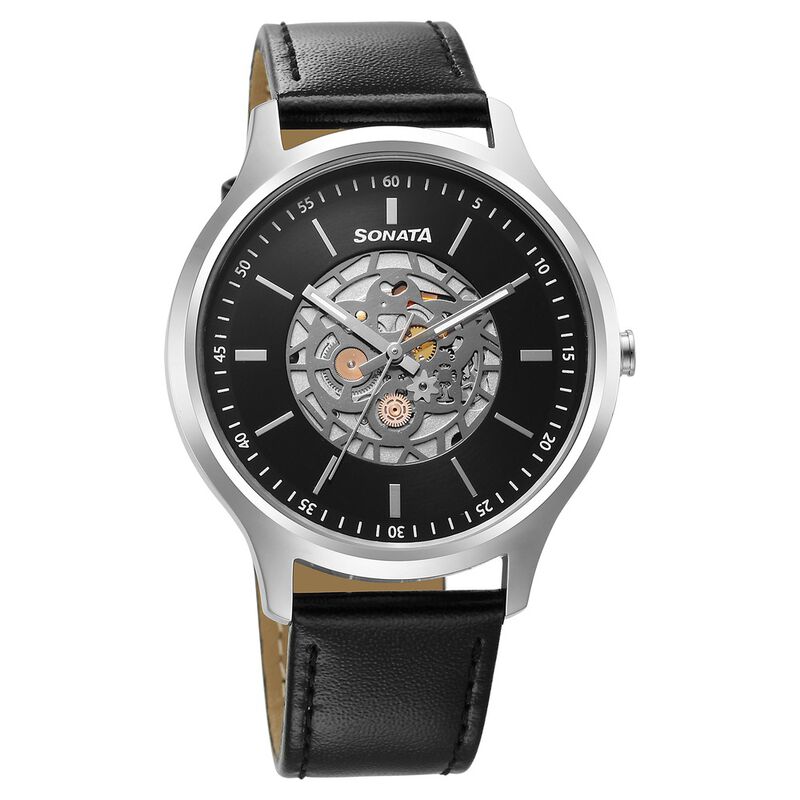 Sonata Unveil Quartz Multifunction Black Dial Leather Strap Watch for Men 7140SL05