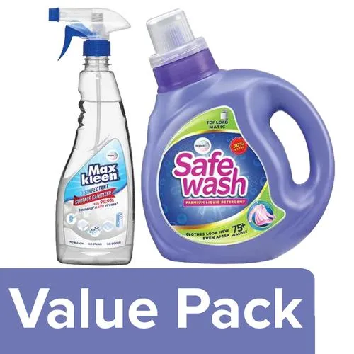 Safewash Matic TopLoad Liquid 1kg+Maxkleen Disinfectant Sanitizer 500ml, Combo 2 Items