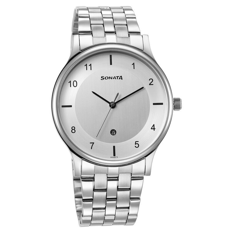 Sonata Quartz Analog with Date Silver Dial Watch for Men 77105SM07