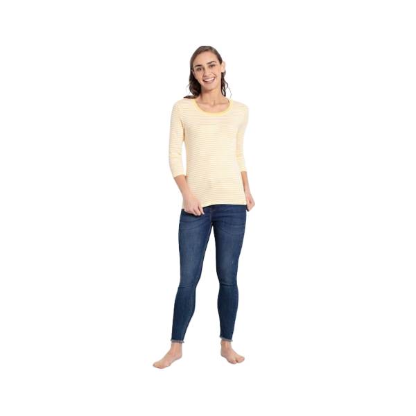 Women's Super Combed Cotton Elastane Stretch Slim Fit Striped Round Neck Three Quarter Sleeve T-Shirt - Banana Cream & White